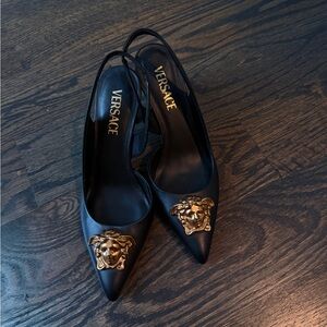 Versace Black Leather Pointed Toe Slingback Pumps with Gold Medusa SIZE 36
